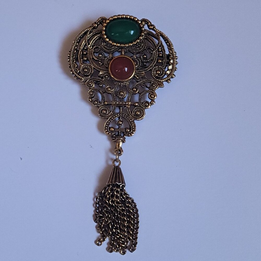 Vintage Bold Revival Brooch Pin with Dangling Chains
